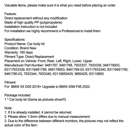 Body Kit Bumper Fit BMW X5 G05 2018+ Upgrade BMW X5M F95 2022 W/Grille