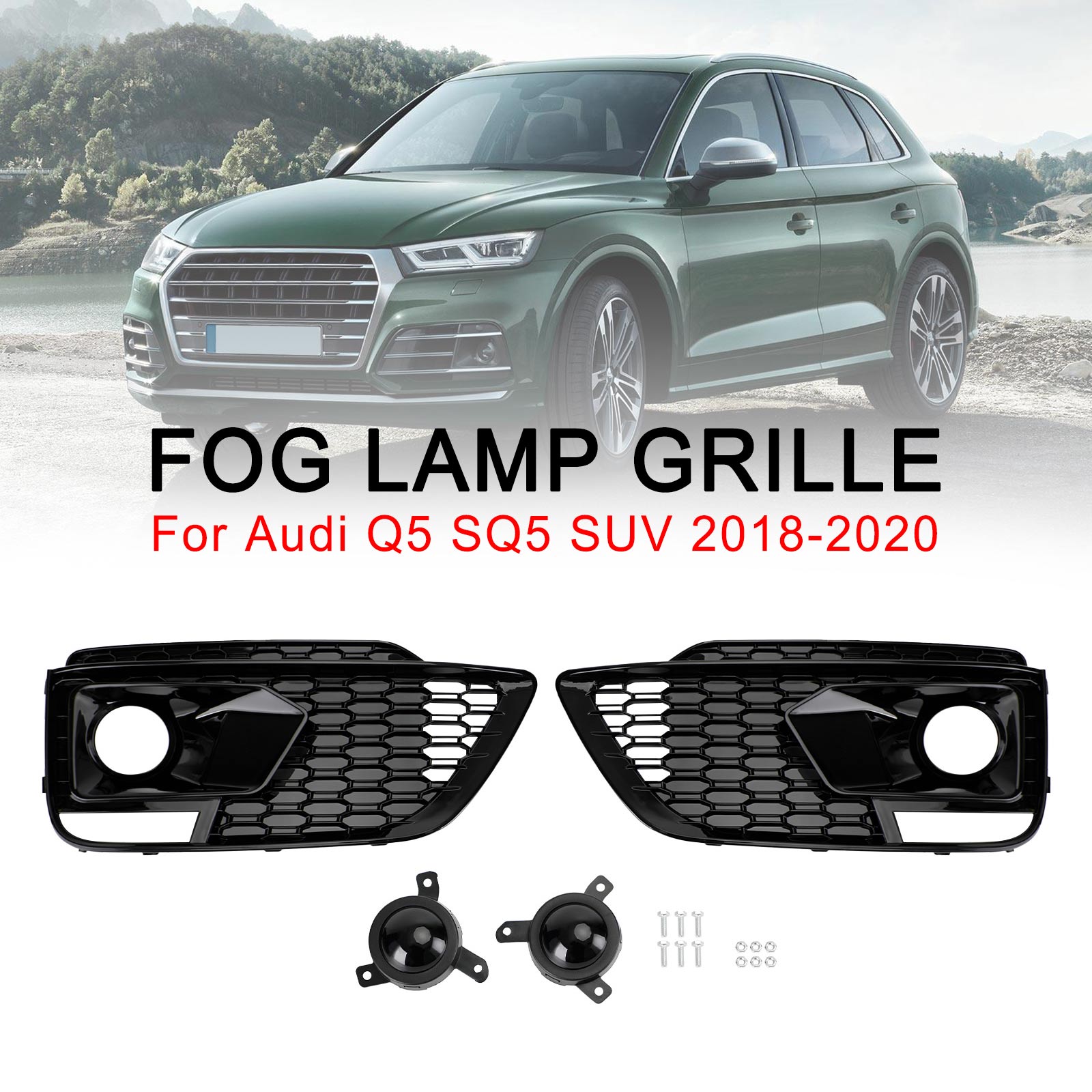 Audi 2018-2020 RSQ5 Q5 SQ5 SUV Black Front Honeycomb Fog Lamp Grilles Cover