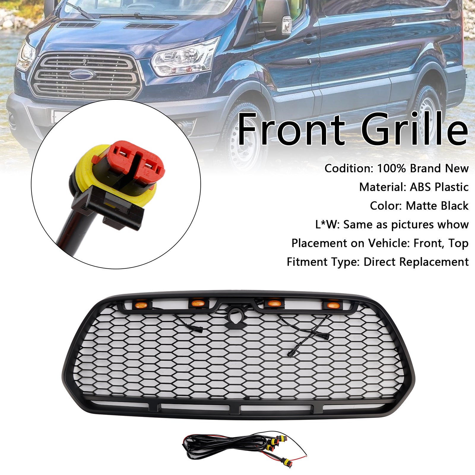 Ford Transit MK8 2015 2016 2017 2018 2019 Matt Black Honeycomb Style Grill Front Bumper Air Intake Radiator Grille W/ LED Light