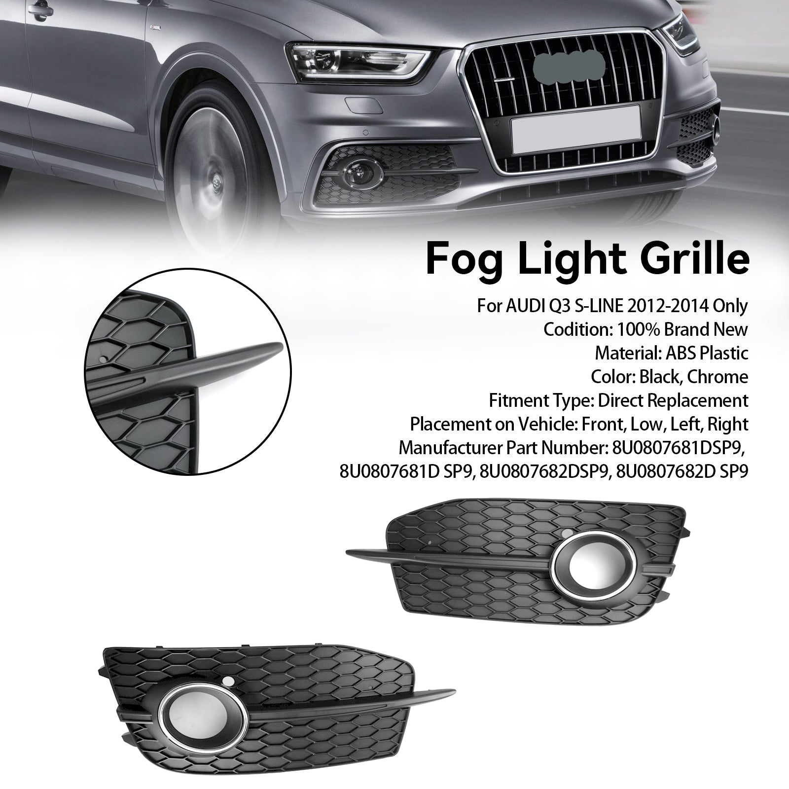 2012-2014 Audi Q3 S-Line 8U0807681DSP9 2PCS Bumper Fog Light Grill