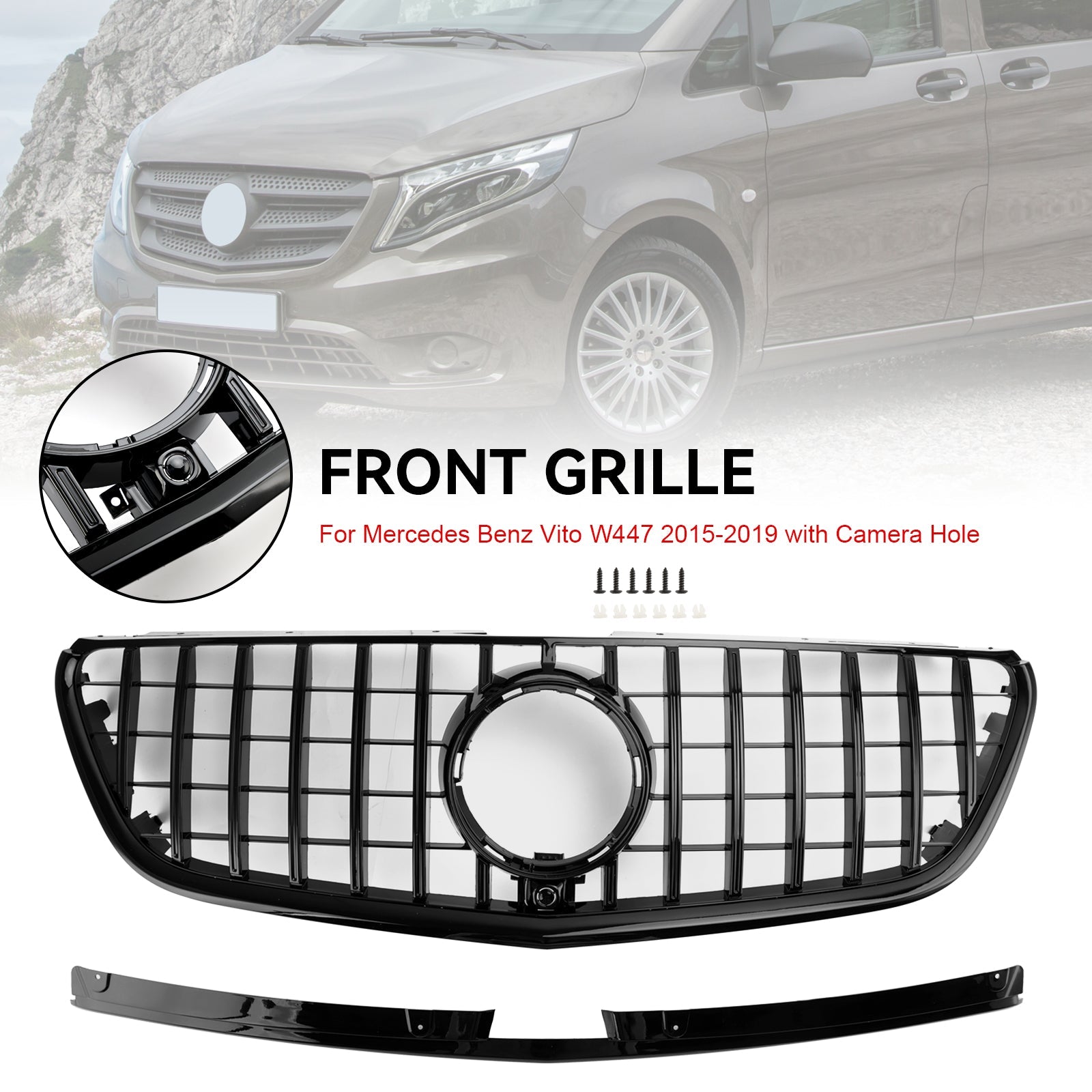 Grille de pare-chocs avant de style GT Mercedes Benz Vito W447 111CDI 114CDI 116CDI 119CDI 2015-2019 Grille noire brillante