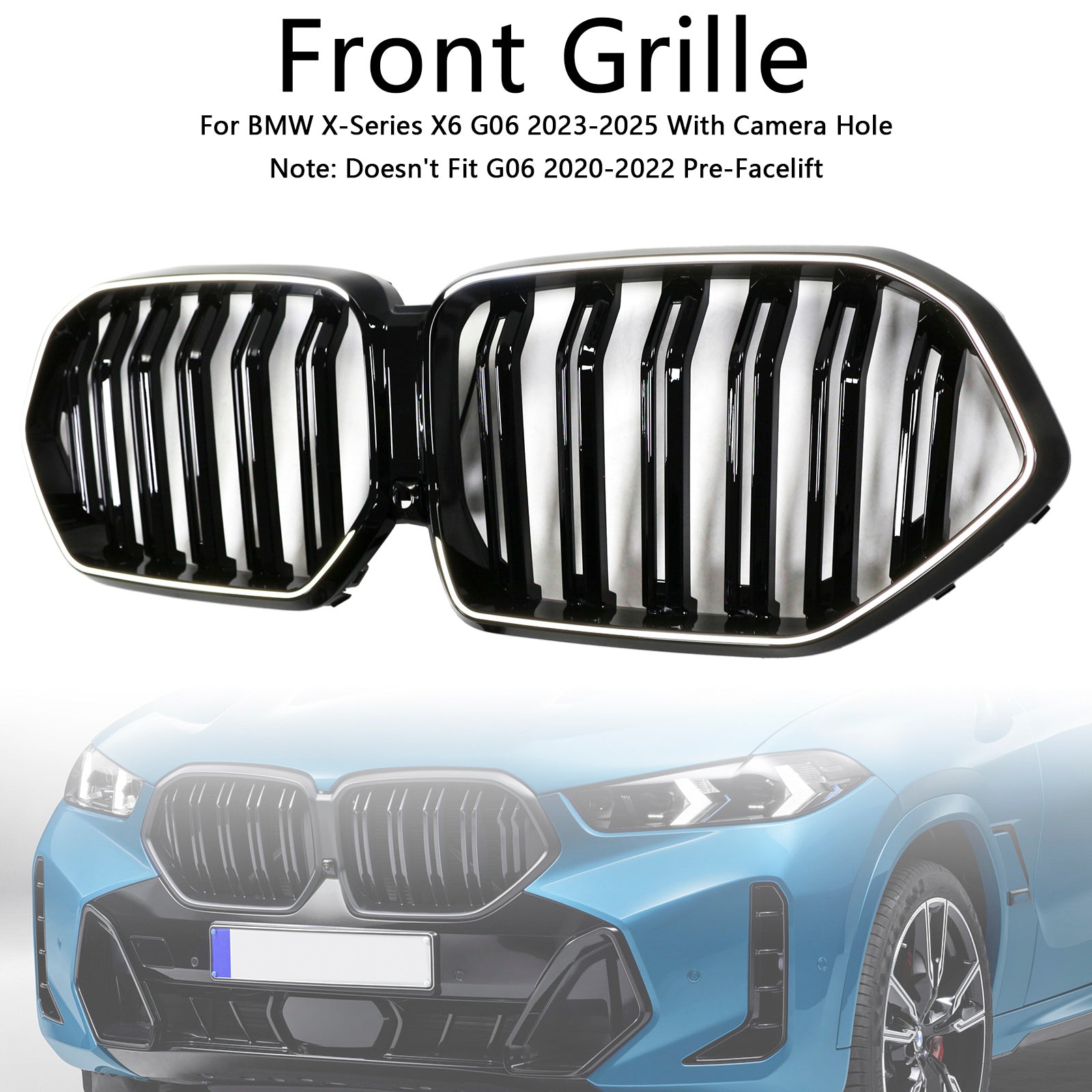 Double Slat Front Bumper Grille Fit BMW X6 G06 M60i 2023-2025 W/Camera Hole - 0