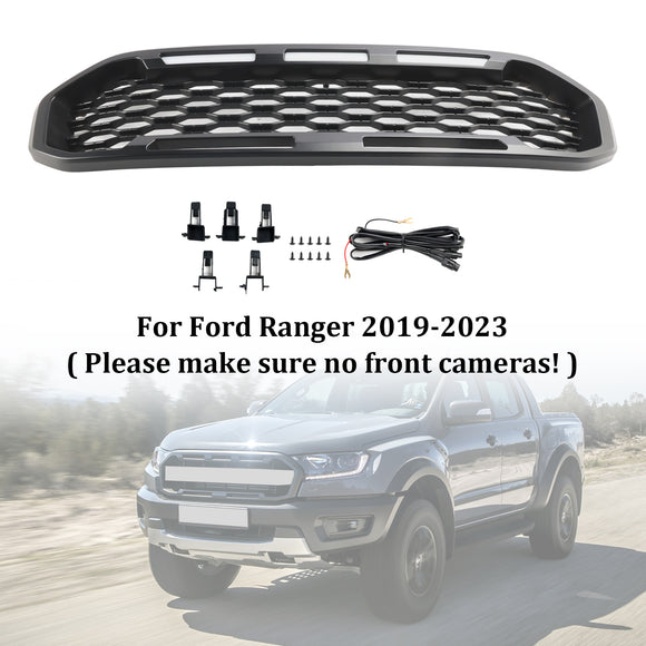 Ford Ranger 2019-2023 Grille de pare-chocs avant Raptor/Nid d'abeille/Grille noire de style maille avec 3 lumières LED blanches