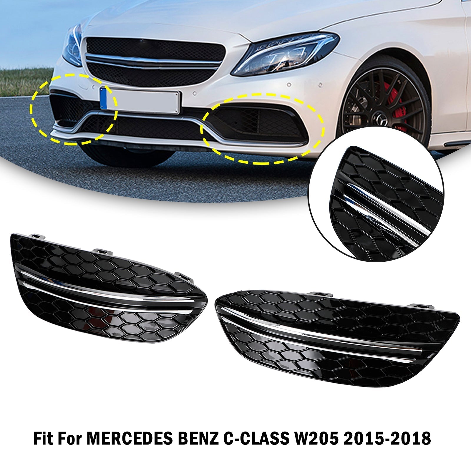 Couvercle de phare antibrouillard avant en nid d'abeille pour Mercedes Benz Classe C W205 Base Sedan 2058850723 2015-2018