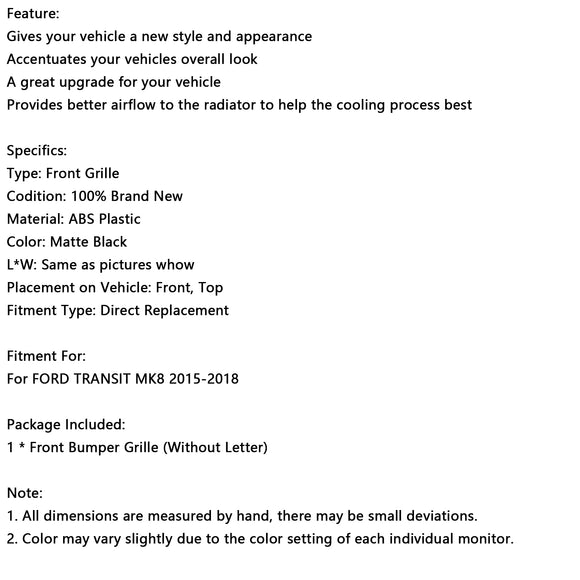 Grade preta mate da grade do pára-choque dianteiro para Ford Transit MK8 2015-2018 Raptor