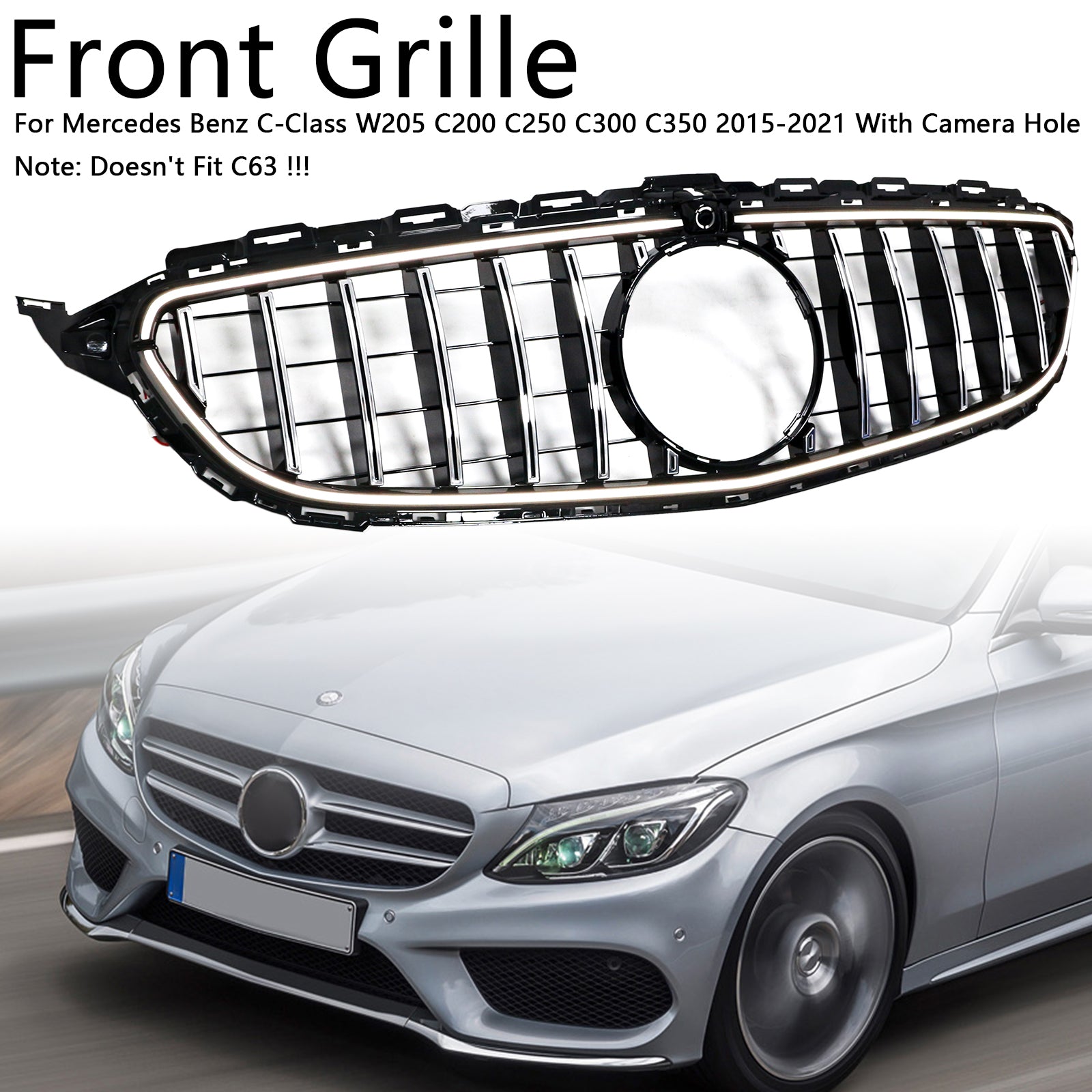 Mercedes Benz 2015-2021 C-Class W205 GT Front Grill Center Air Intake Radiator Bumper Chrome Grille With LED Strip