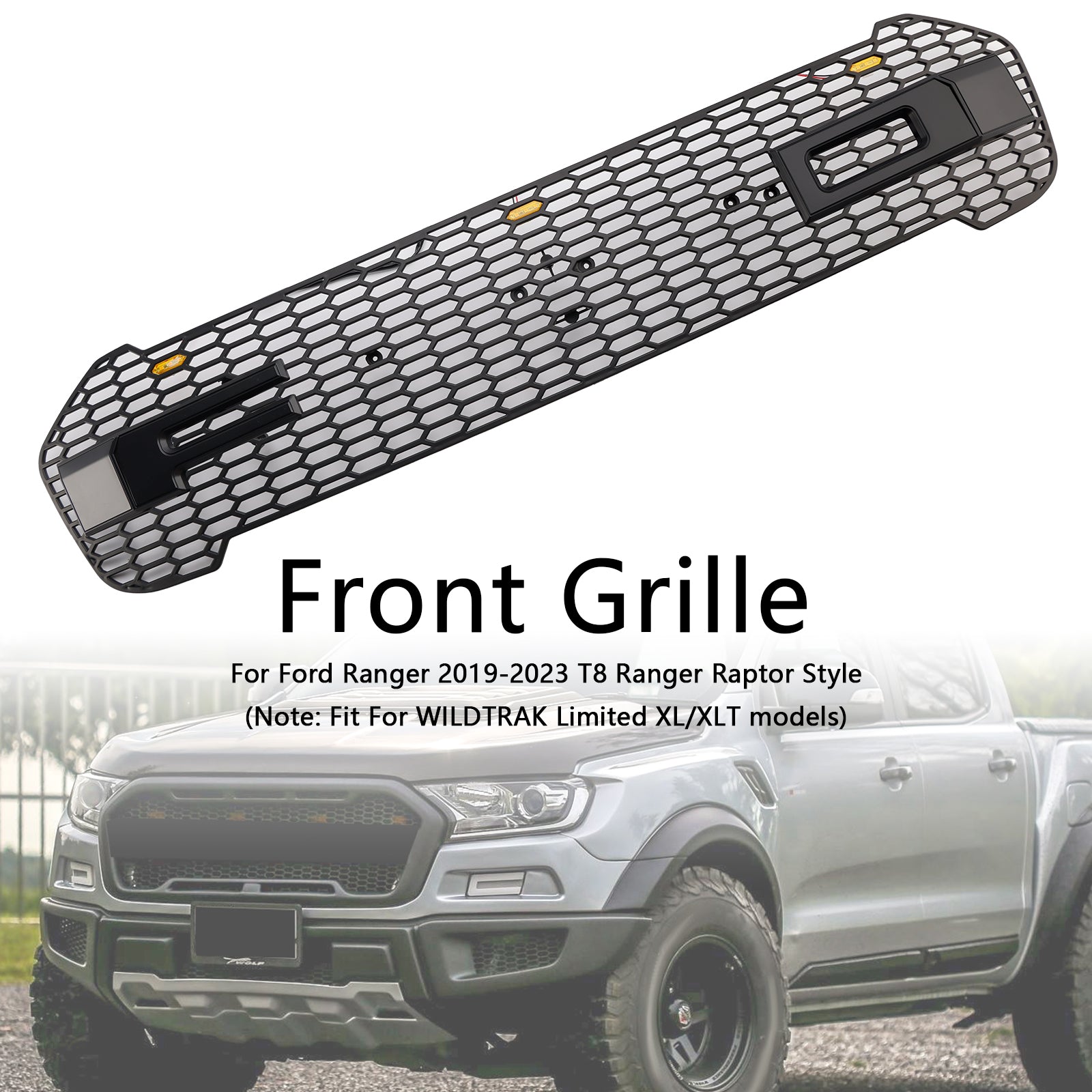 Grille de pare-chocs avant de style Raptor pour Ford Ranger T8 2019-2023 avec LED