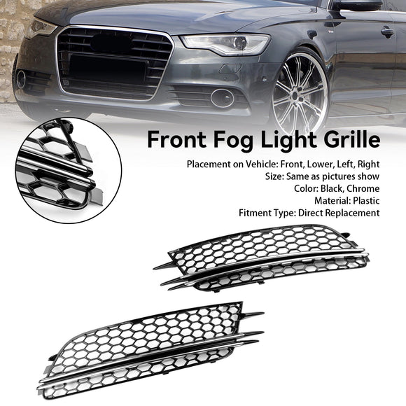 Audi 2012-2015 A6 C7 2PCS Front Fog Light Cover Bezel Bumper Honeycomb Chrome Trim Grille
