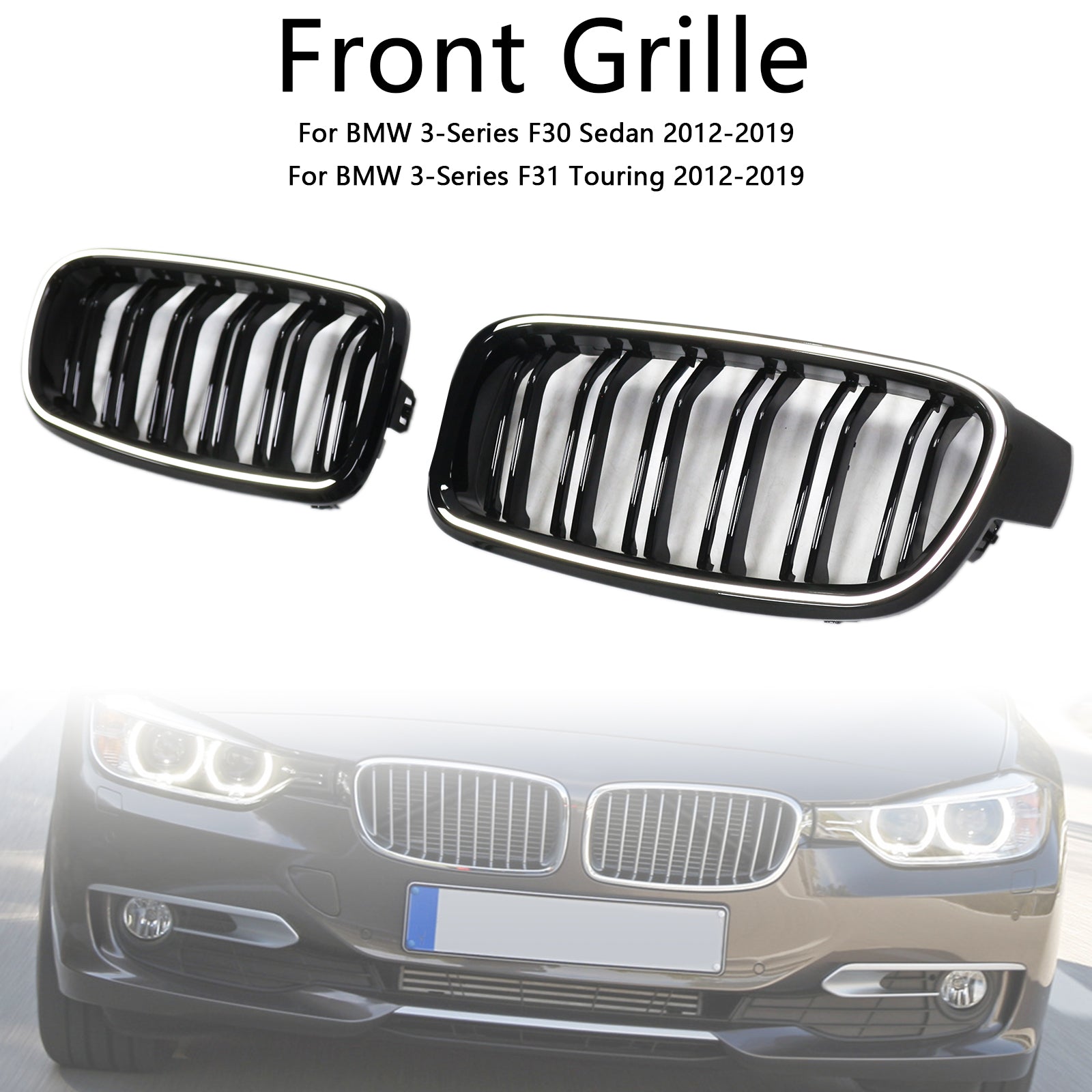 Double Slat Front Kidney Grille Grill Fit BMW 3 Series F30 F31 F35 2012-2019