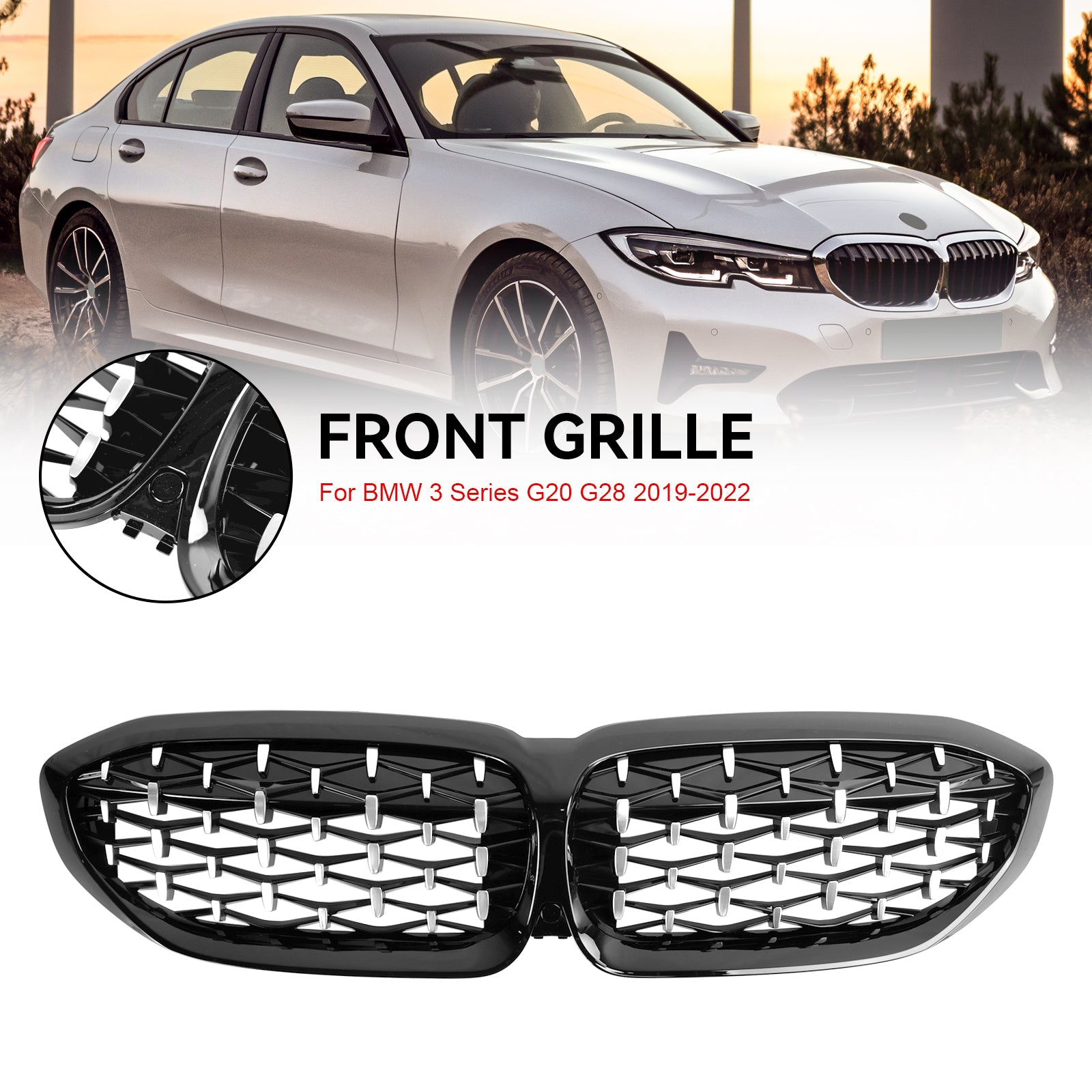 Parrilla tipo riñón con diseño de diamante para BMW Serie 3 G20 320i/330i/320d/M340i/318i/330e 2019-2022