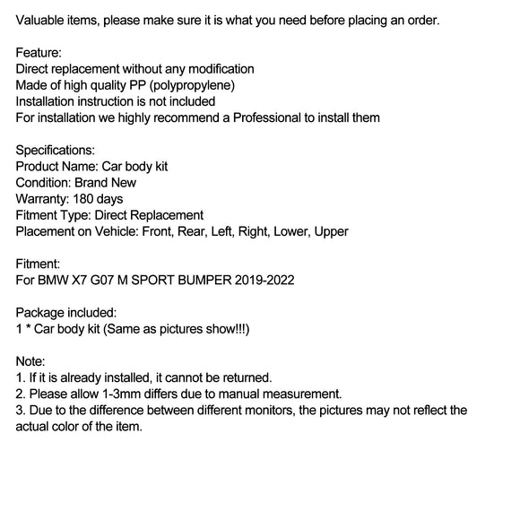 Body kit Front Lip Spoiler Diffuser Side Skirt Fit BMW X7 G07 2019-2022