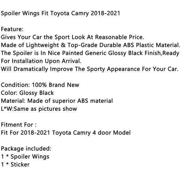 2018-2024 Toyota Camry LE SE XSE XLE Glossy Black Rear Spoiler Wings