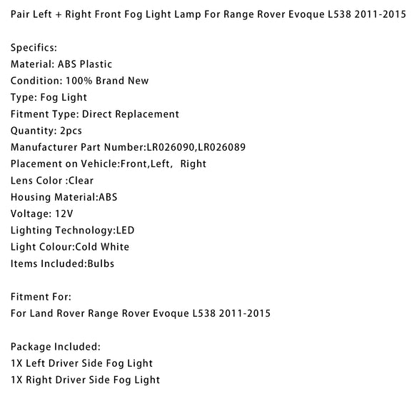 Range Rover Evoque L538 2011-2015 Coppia fendinebbia anteriore sinistro + destro LR026090 LR026089