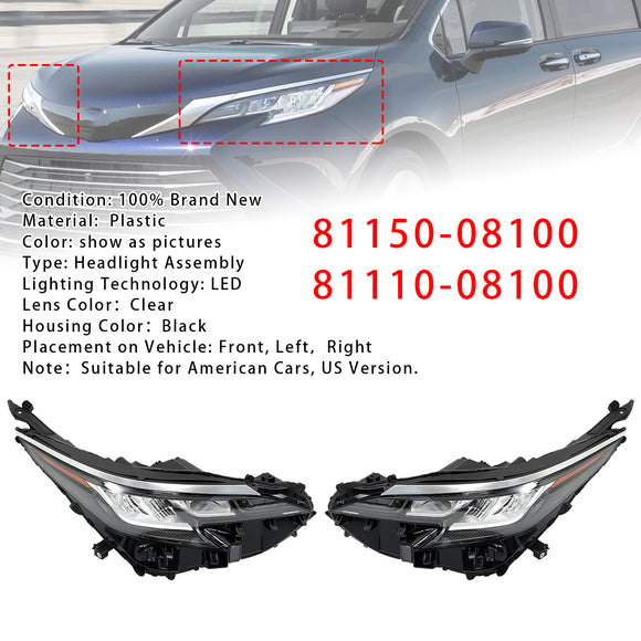 2021-2022 Toyota Sienna LE XLE Conjunto de farol LED esquerdo + direito LED 81110-08100 81150-08100