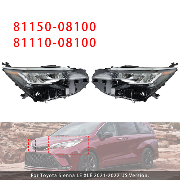 2021-2022 Toyota Sienna LE XLE Conjunto de farol LED esquerdo + direito LED 81110-08100 81150-08100
