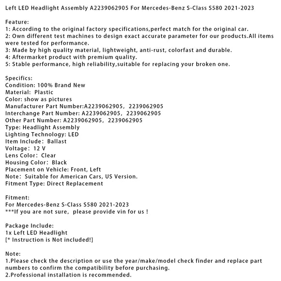 2021-2023 Mercedes-Benz S-Class S580 Vasen+oikea LED-ajovalokokoonpano A2239062905 A2239065004