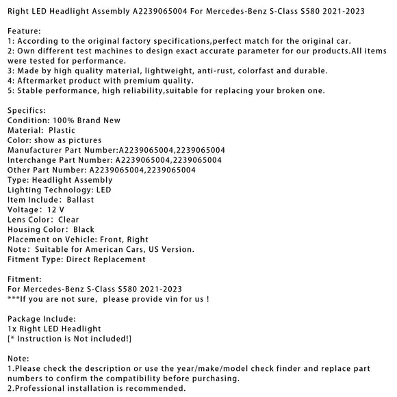 2021-2023 Mercedes-Benz S-Class S580 Vasen+oikea LED-ajovalokokoonpano A2239062905 A2239065004