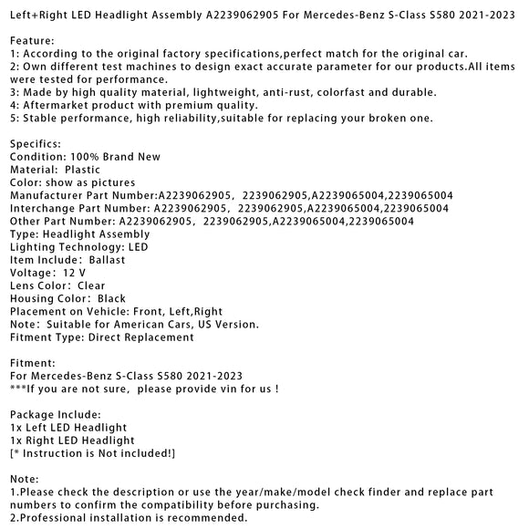 2021-2023 Mercedes-Benz S-Class S580 Vasen+oikea LED-ajovalokokoonpano A2239062905 A2239065004