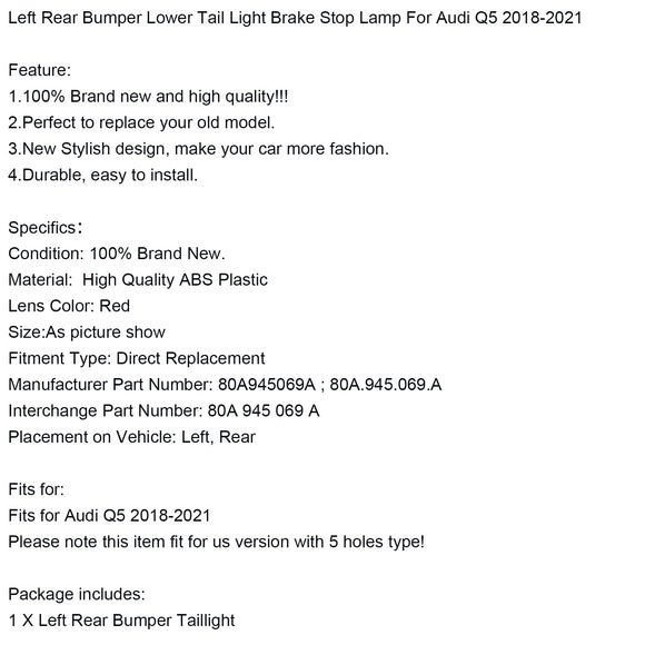 2018-2021 Audi Q5 Links + Rechts Paar Achterbumper Onderste Achterlicht Rem Stoplicht 80A945069A 80A945070A