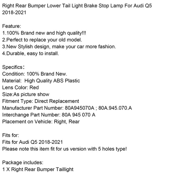 2018-2021 Audi Q5 Links + Rechts Paar Achterbumper Onderste Achterlicht Rem Stoplicht 80A945069A 80A945070A