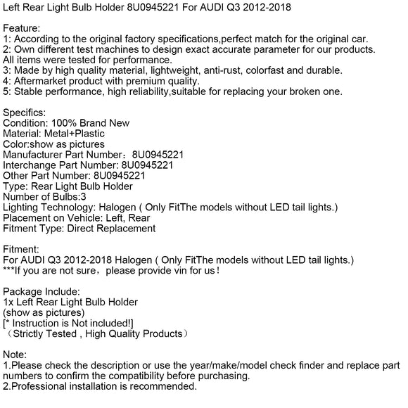 2012-2018 AUDI Q3 vasen+oikea takalampun pidike 8U0945221 8U0945222