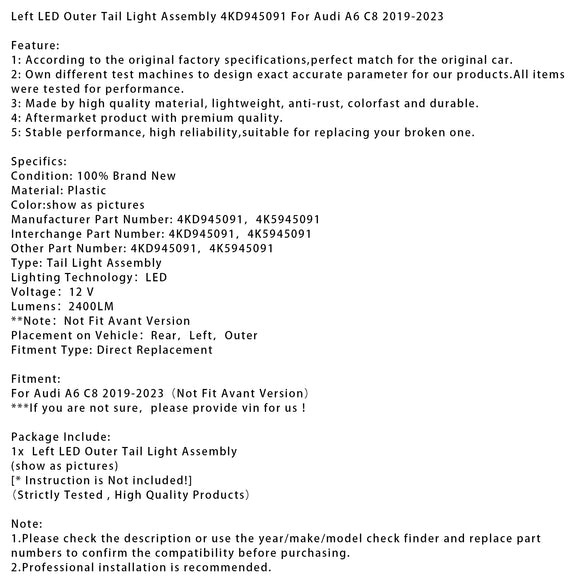 2019-2023 Audi A6 C8 4PCS Left Right Outer Inner LED Tail Light Assembly 4KD945093 4K5945093