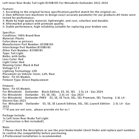2022-2024 Mitsubishi Outlander Links + Rechts Achterrem Achterlicht 8330B185 8330B186