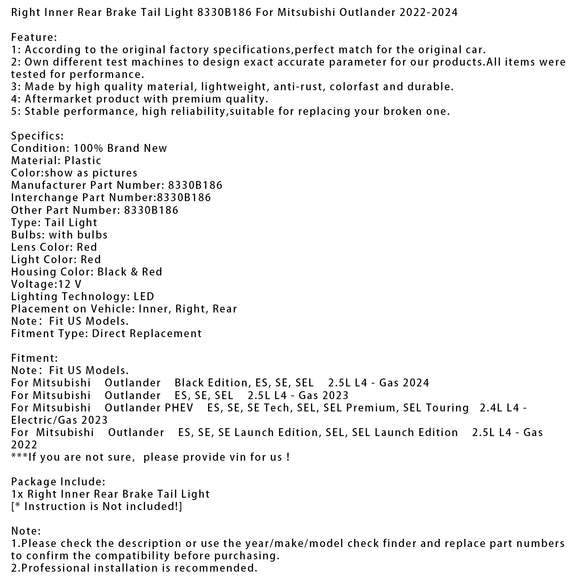 2022-2024 Mitsubishi Outlander Links + Rechts Achterrem Achterlicht 8330B185 8330B186