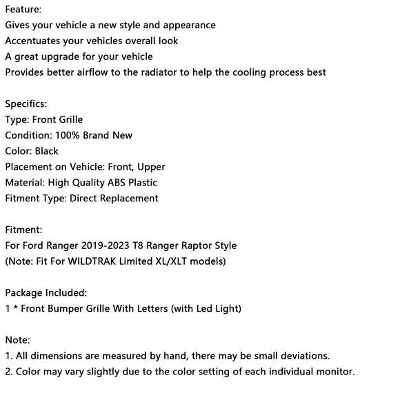 Raptor Style Voorbumper Grille Grill Geschikt voor Ford Ranger T8 2019-2023 W/LED