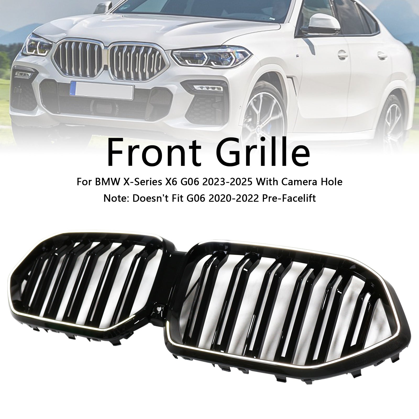 Double Slat Front Bumper Grille Fit BMW X6 G06 M60i 2023-2025 W/Camera Hole