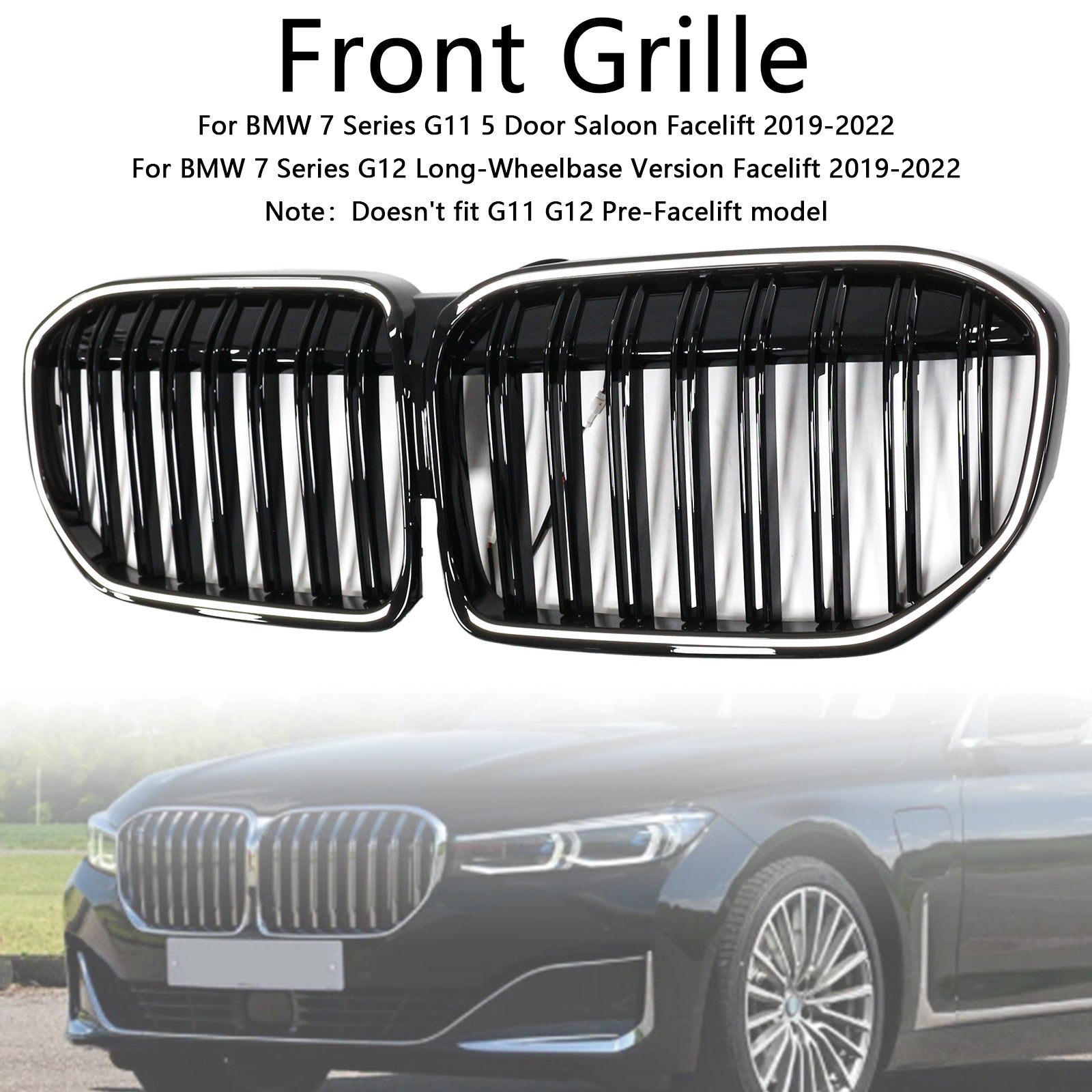 Parrilla delantera de doble lama en negro brillante compatible con BMW Serie 7 G11 G12 2019-2022 - 0