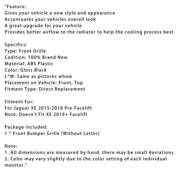 Grade preta brilhante do pára-choque dianteiro em favo de mel para Jaguar XE 2015-2018