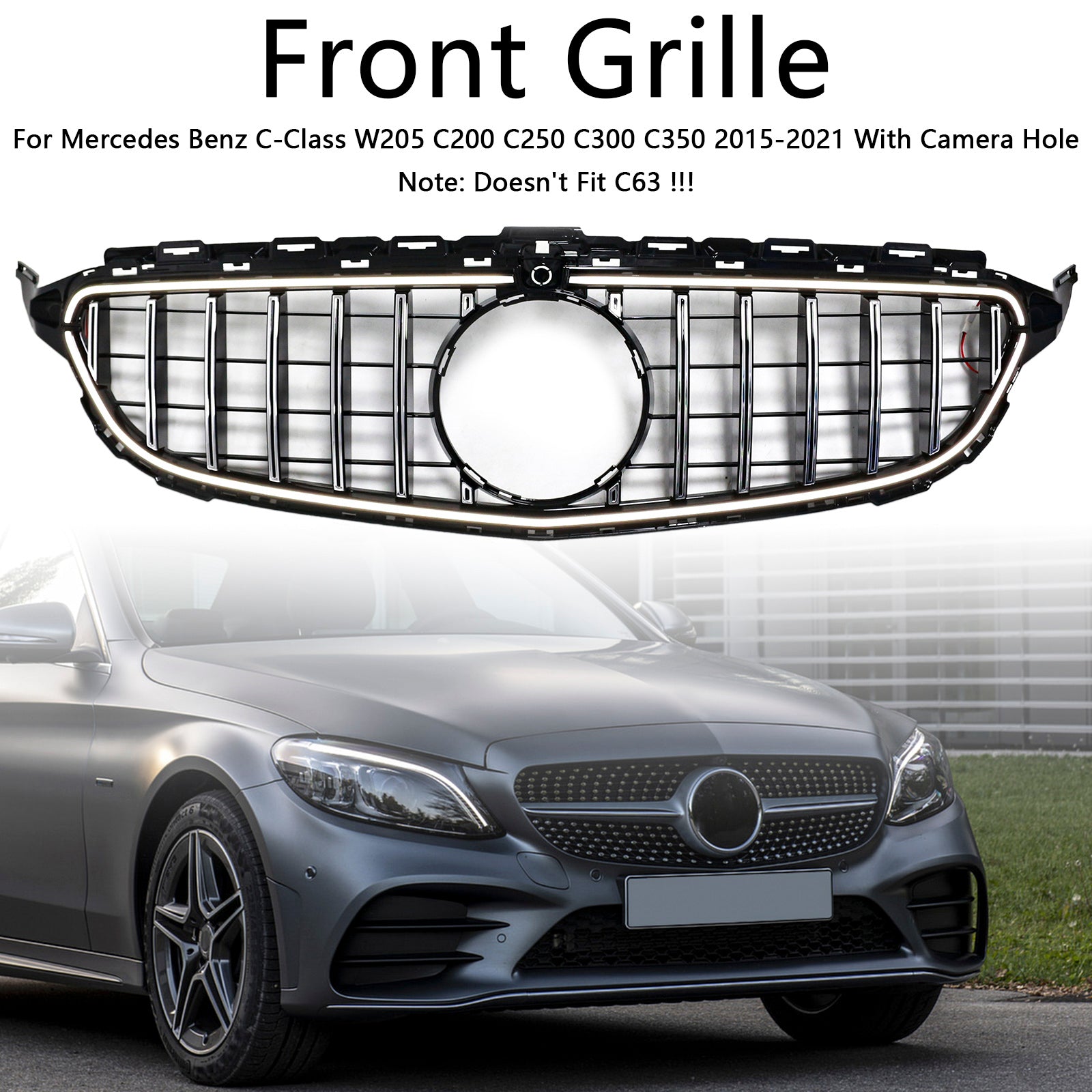 Mercedes Benz 2015-2021 C-Class W205 GT Front Grill Center Air Intake Radiator Bumper Chrome Grille With LED Strip