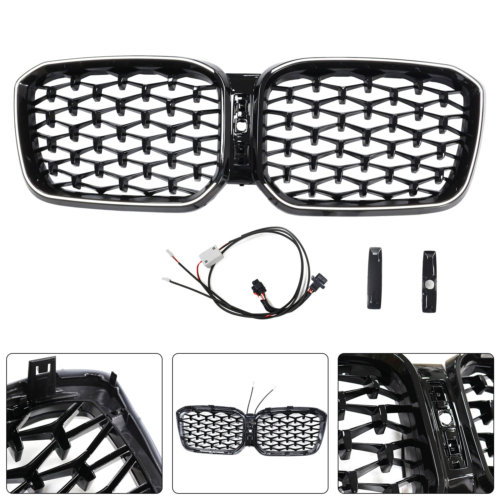 Rejilla delantera tipo riñón BMW X3 G01 / X4 G02 2022-2025 con tira de luces LED y rejilla de diamante negra