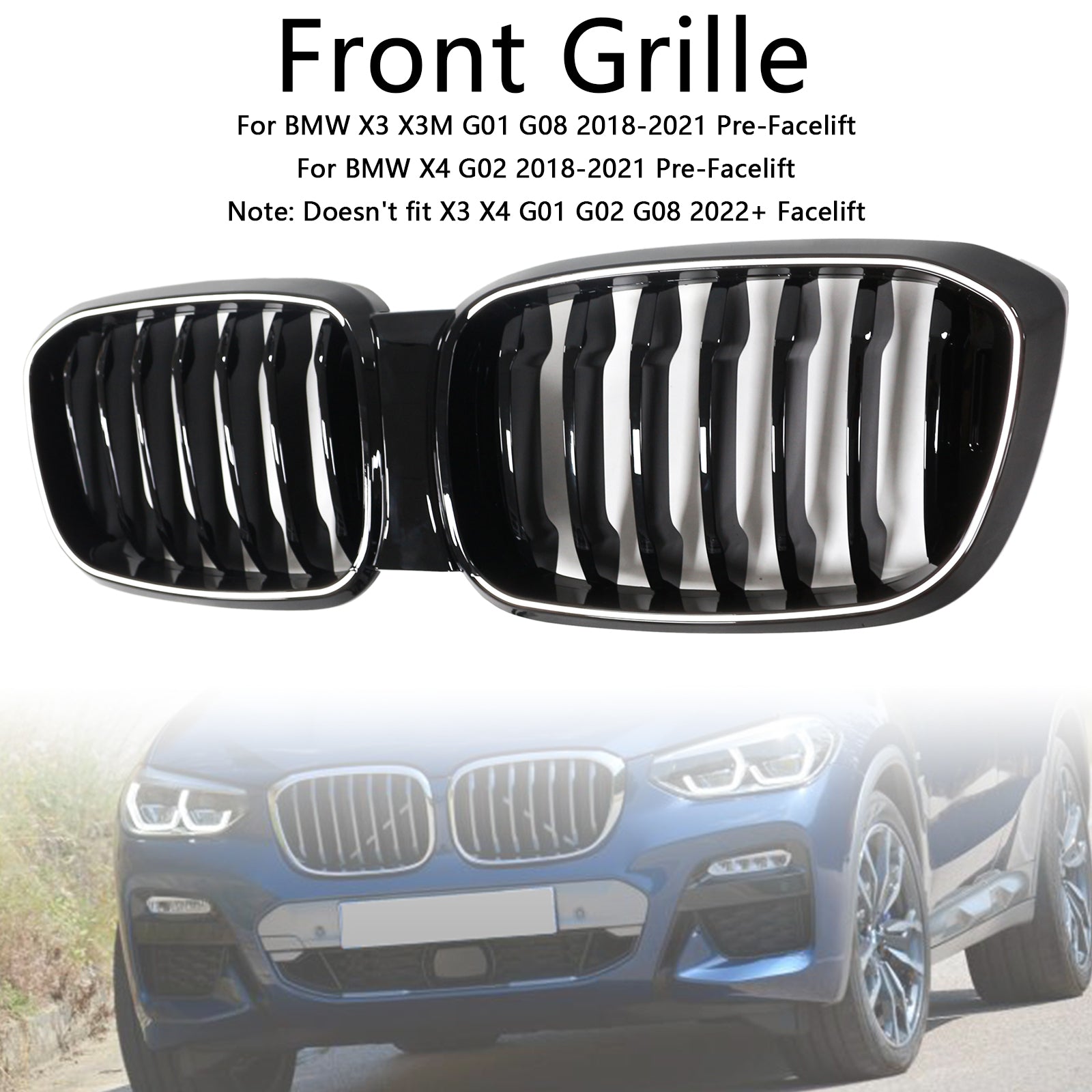 Grille de calandre avant en maille noire brillante pour BMW X4 G02 X3 G01 G08 2018-2021