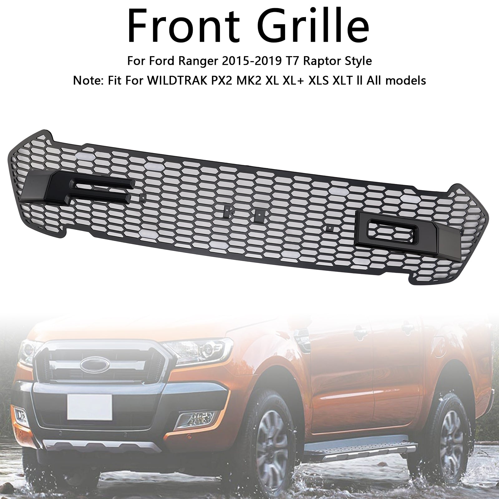 Rejilla de parachoques delantero negra mate compatible con Ford Ranger 2015-2019 T7 con LED