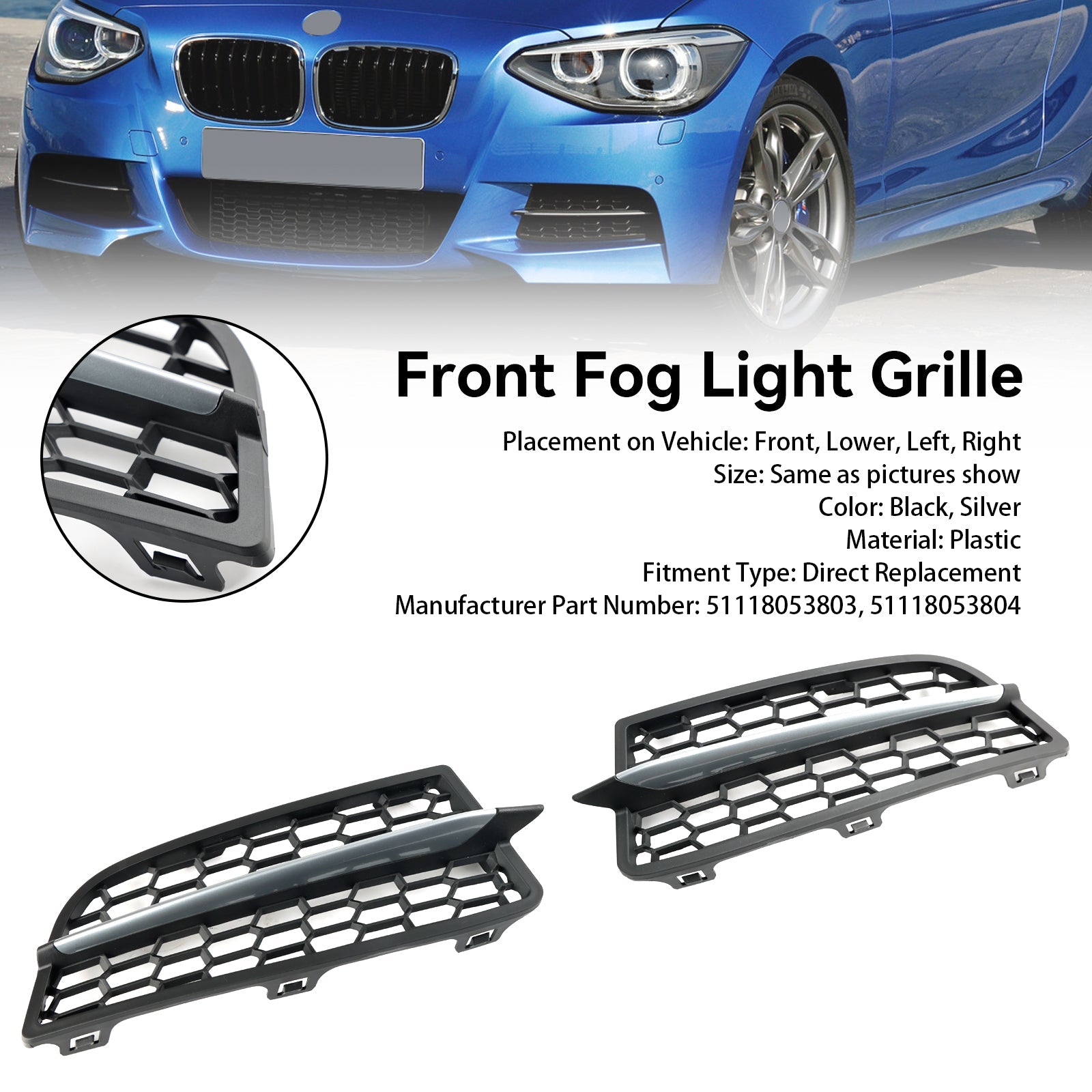 BMW 2011-2015 1-Series F20 F21 M 2PCS Front Bumper Fog Light Cover Bezel Grill Grille