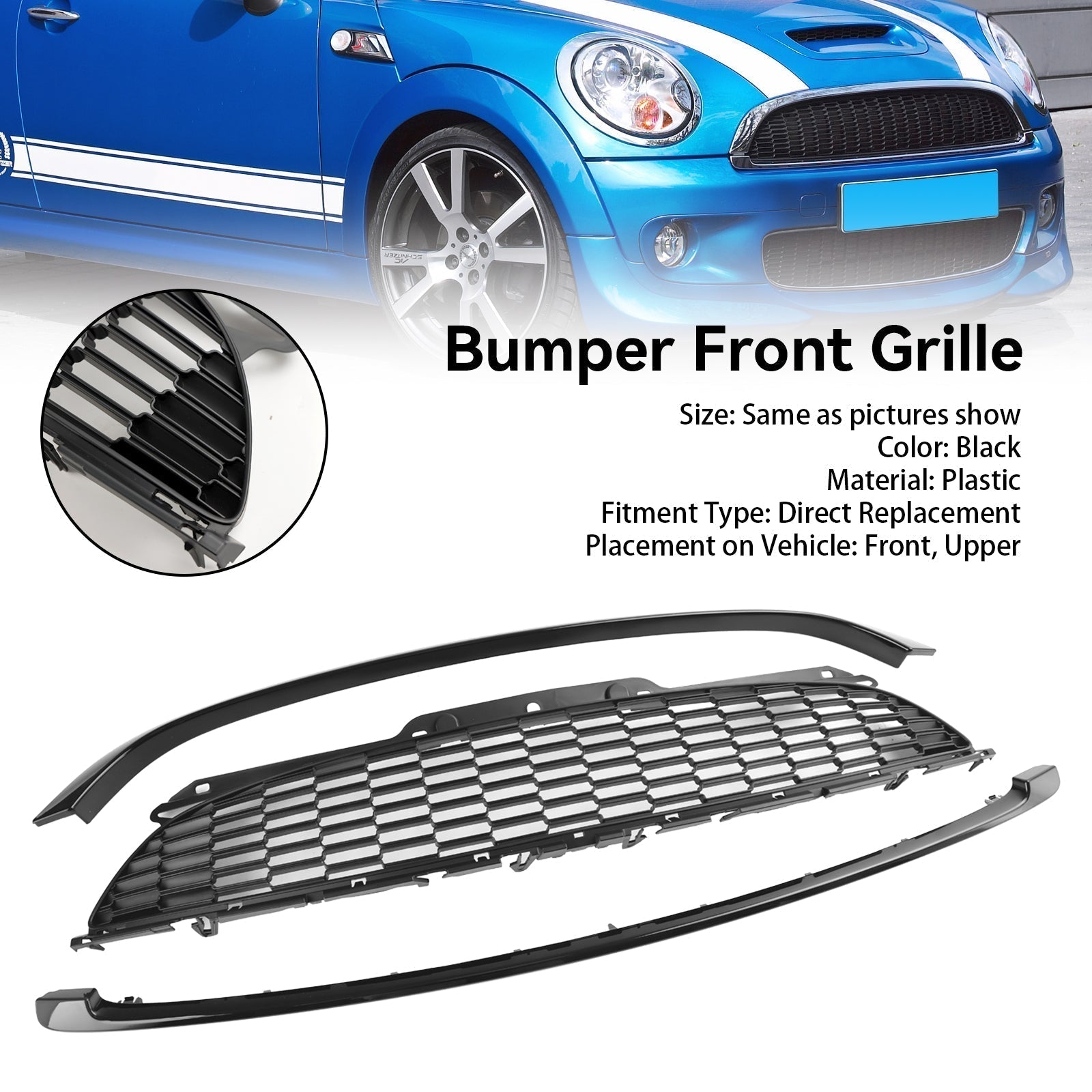 Mini 2011-2015 R58 Cooper S &amp; JCW 2 puertas Coupe 3 piezas parrilla frontal negra brillante