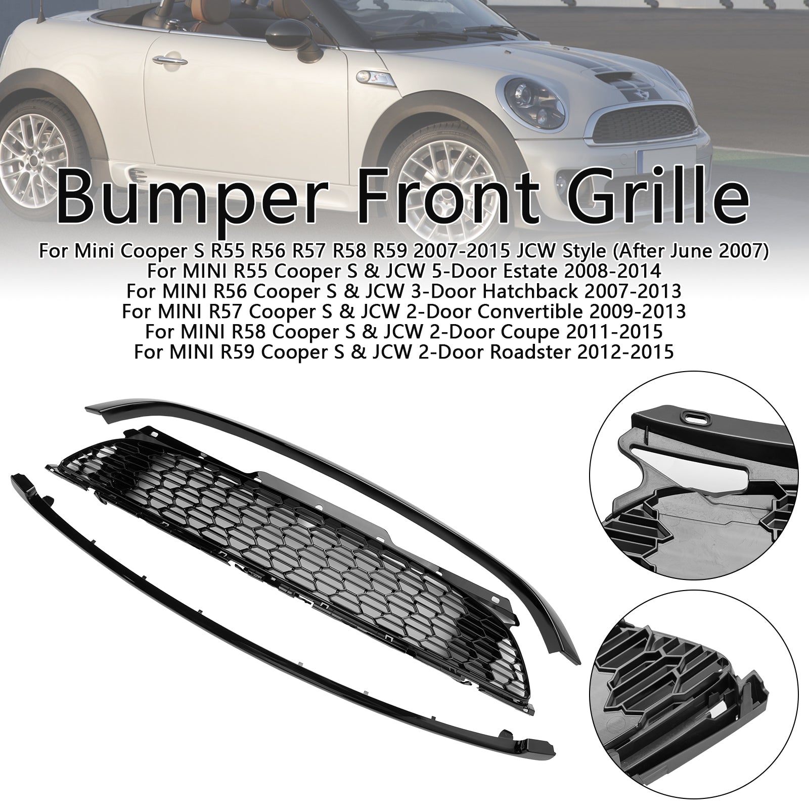 Grille de calandre avant de remplacement noire brillante pour Mini Cooper S R55 R56 R57 R58 R59 2007-2015 JCW Style 3 pièces