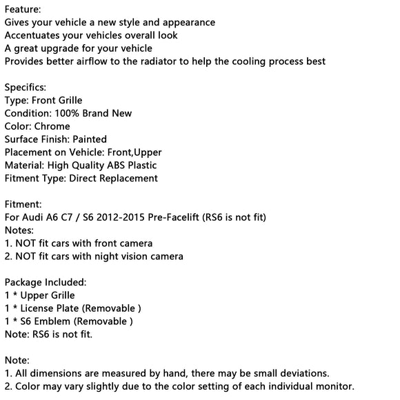 Rejilla de parachoques delantero estilo S6 compatible con Audi A6 C7 2012-2015 cromada
