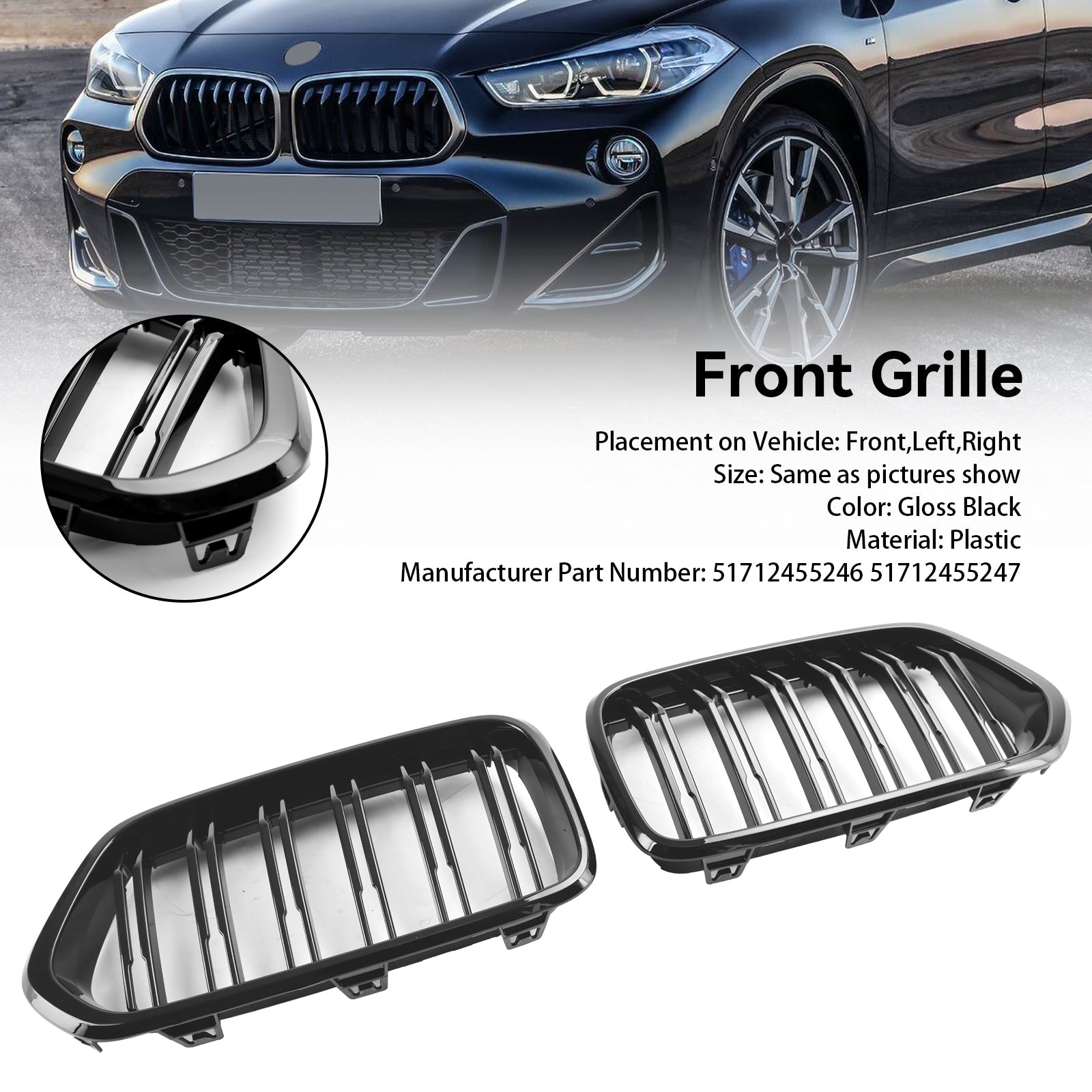 2018-2023 BMW X2 Series F39 sDrive18i/xDrive20i/sDrive20i/xDrive25e/M35i Front Bumper Grill Gloss Black Grille