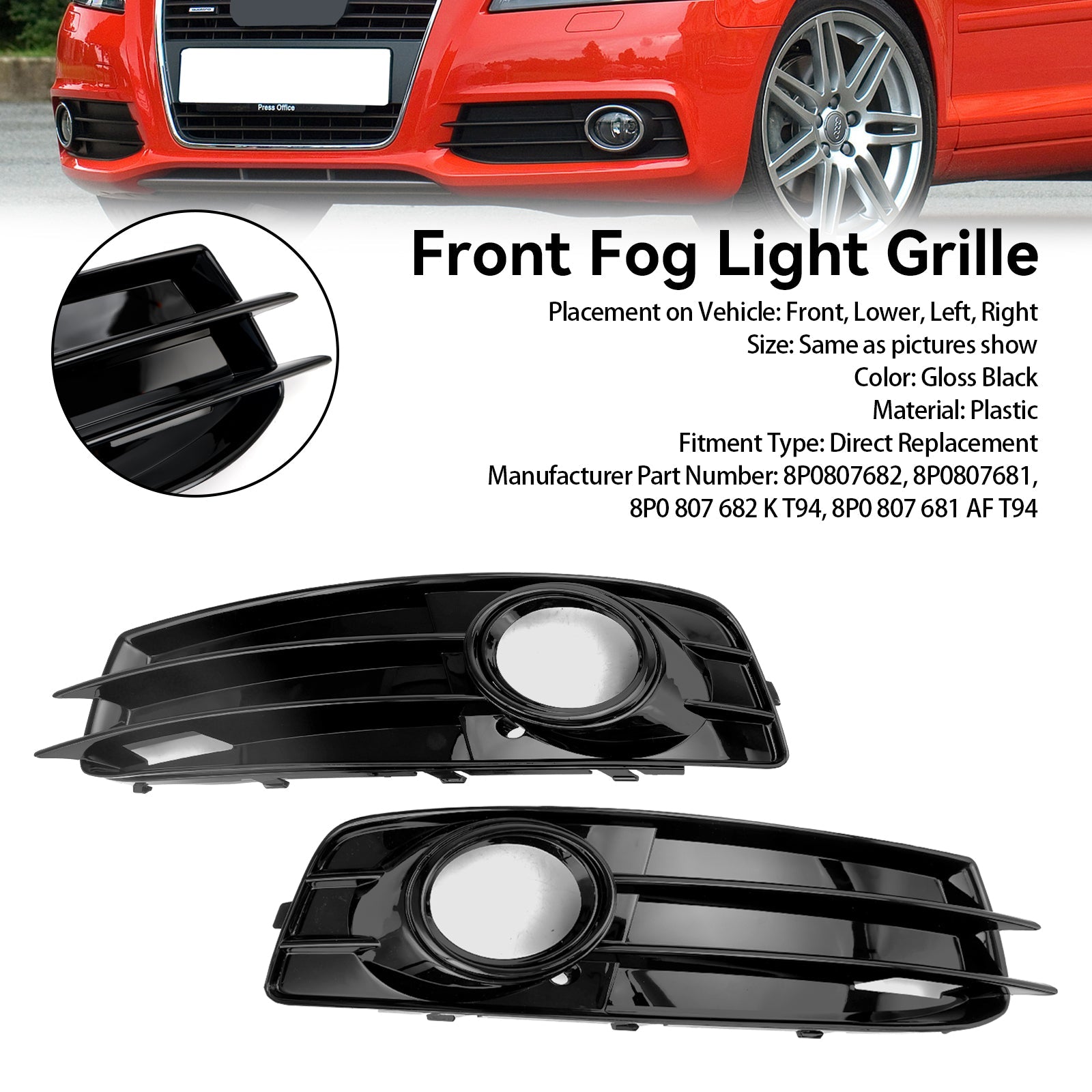 Audi 2009-2012 A3 8P S-Line 8P0807682 8P0807681 Front Lower Bumper Grille Fog Light Cover