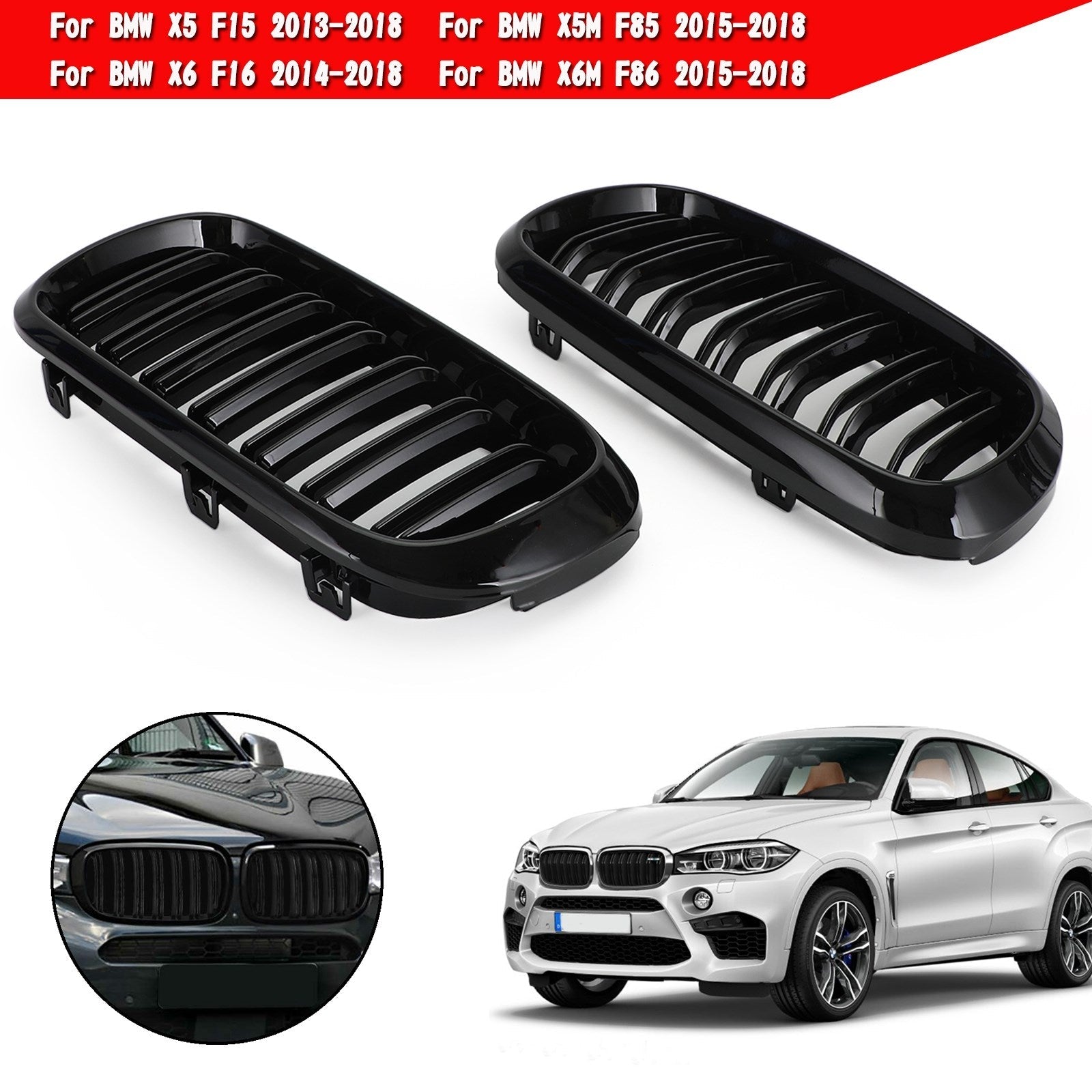 Calandre avant noire brillante pour BMW X5 X6 X5M X6M xDrive35i/xDrive50i/xDrive40e/xDrive30d/M50d 2013-2018