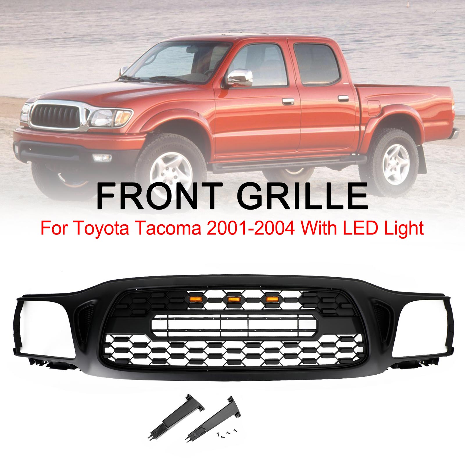 Toyota Tacoma 2001-2004 With LED Light Honeycomb Front Bumper Grill Replacement Black Grille