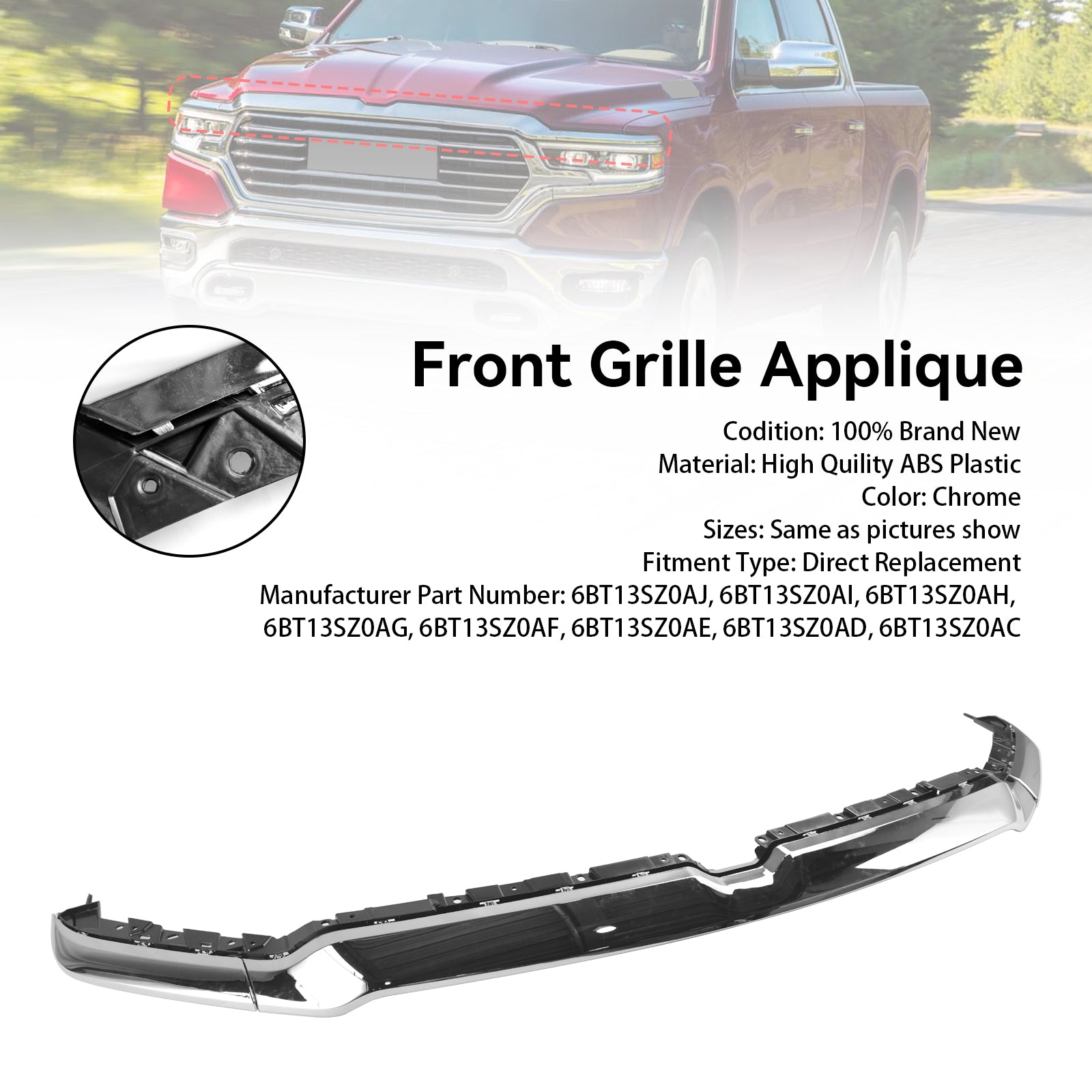 2019-2021 Dodge Ram 1500 Grille de calandre Applique Garniture supérieure 6BT13SZ0AJ Générique