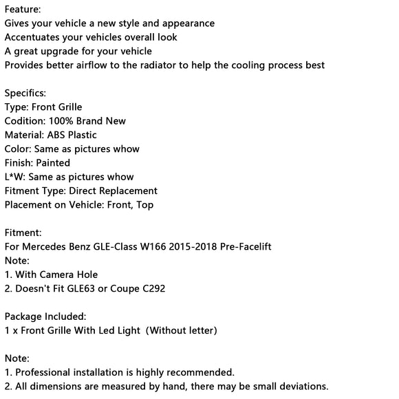 Grade dianteira estilo GT para Mercedes-Benz Classe GLE W166 2015-2018