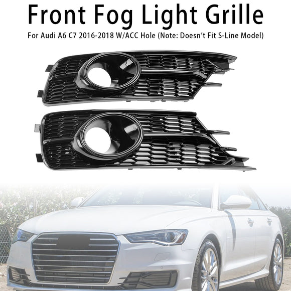 Audi A6 C7 Facelift 2015-2016 W/ACC Hole Pair Front Bumper Lower Light Cover Grille Black Grill