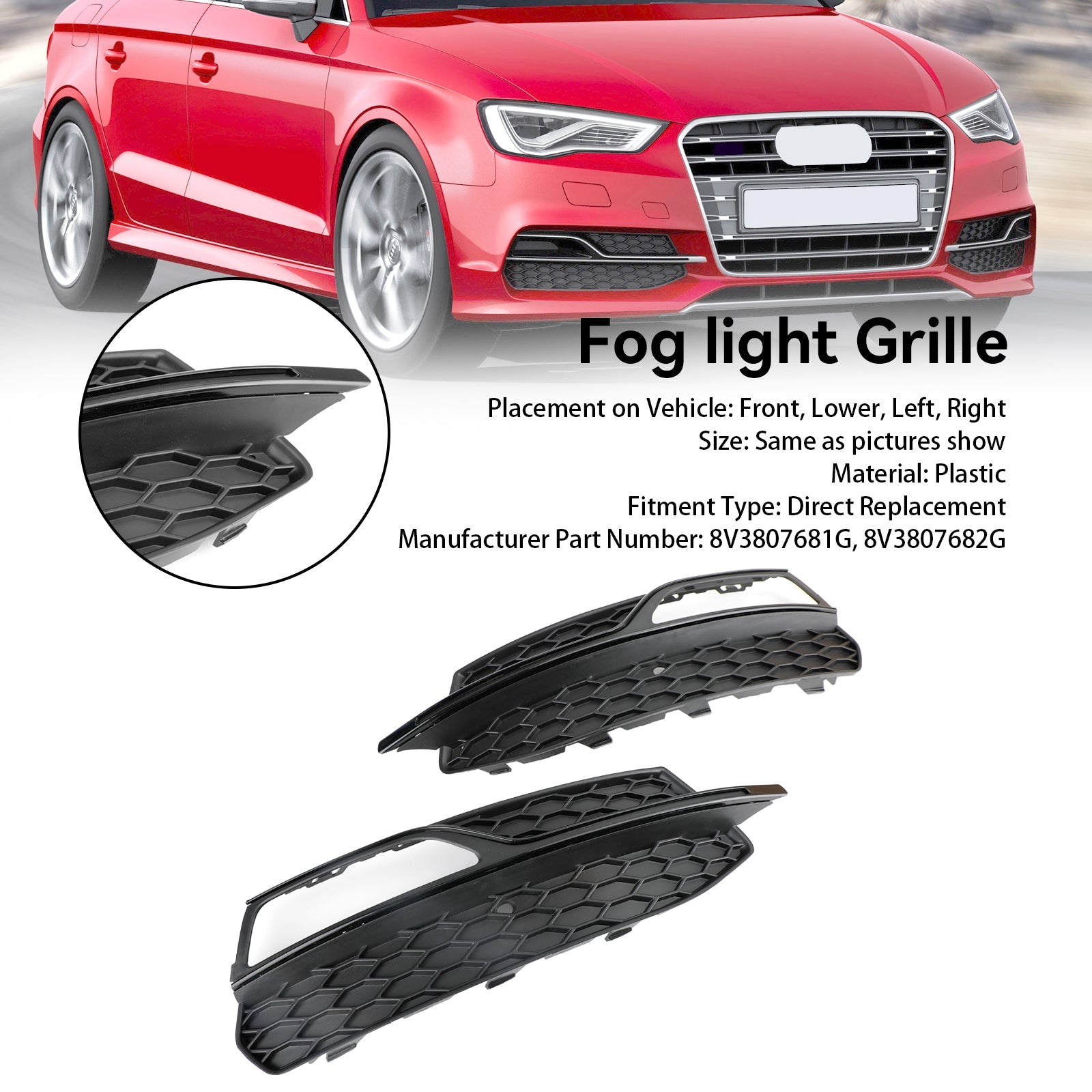 Audi 2013-2017 S3 8V3807681G 8V3807682G Lower Bumper Fog Light Cover Grill