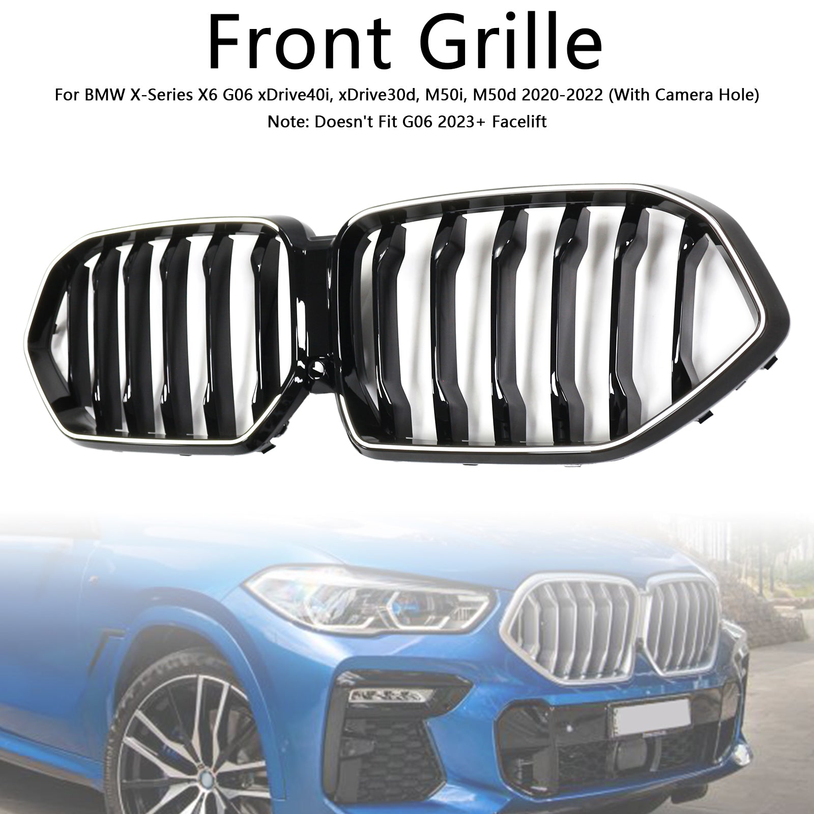 Black Front Bumper Grille Grill Fit BMW X6 G06 M50i 2020-2022 W/Camera Hole