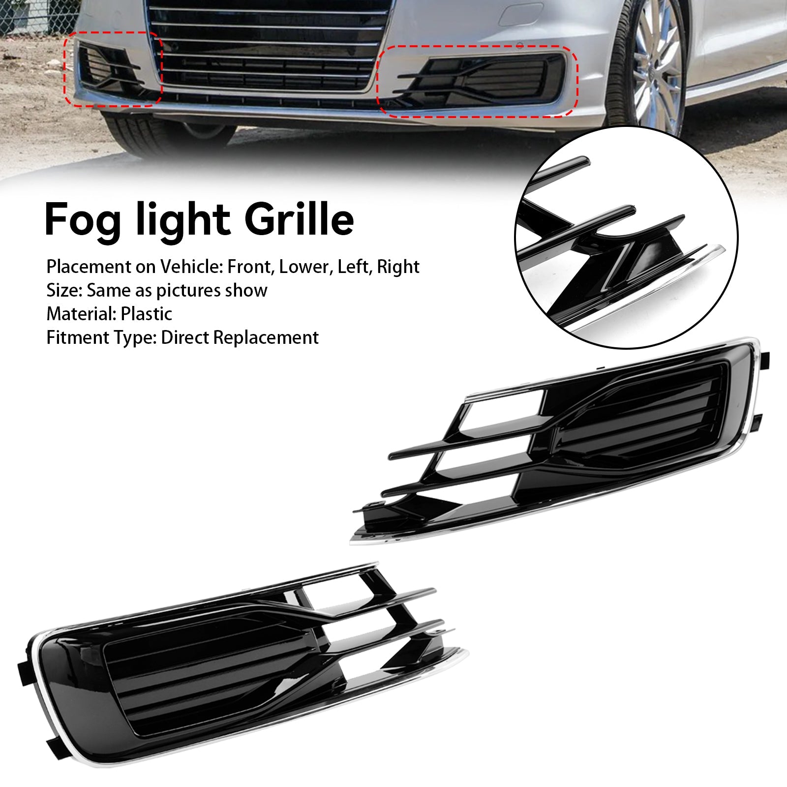 Audi 2014-2018 A6 C7 4G0807647T94 4G0807648T94 2PCS Front Bumper Foglight Cover Grill Black Chrome